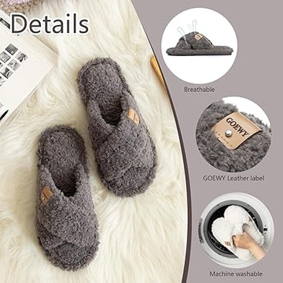 Goewy Womens Size 7-8 Gray Open Toe Fuzzy Memory Foam Slide On Slipper Shoes - Picture 3 of 5